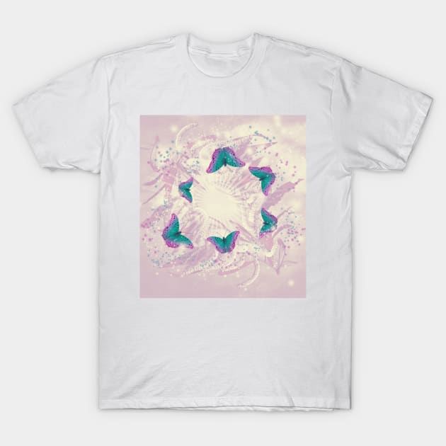 Abstract beautiful retro butterflies swarm over faded wattle T-Shirt by hereswendy